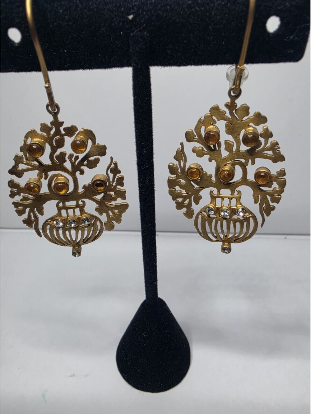 Vintage Gold Tone Urn Flower Basket Dangle Earrings  Rhinestone Amber